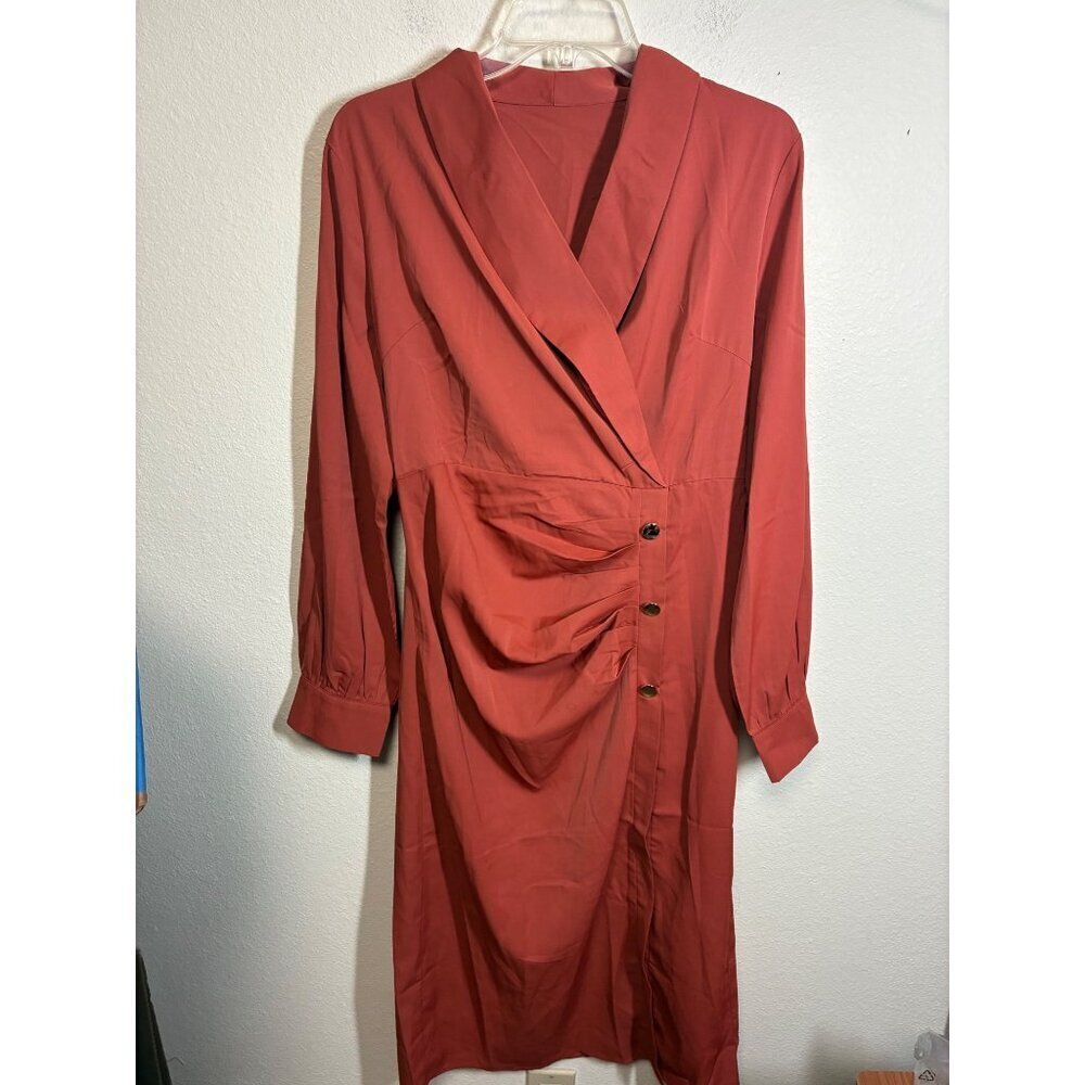 Long Sleeve Maxi Dress Business Casual Faux Wrap Style Copper Color Sz Large